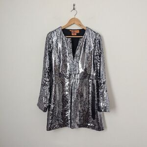 Tory Burch silver sequin silk Auriela long sleeve disco party cocktail dress